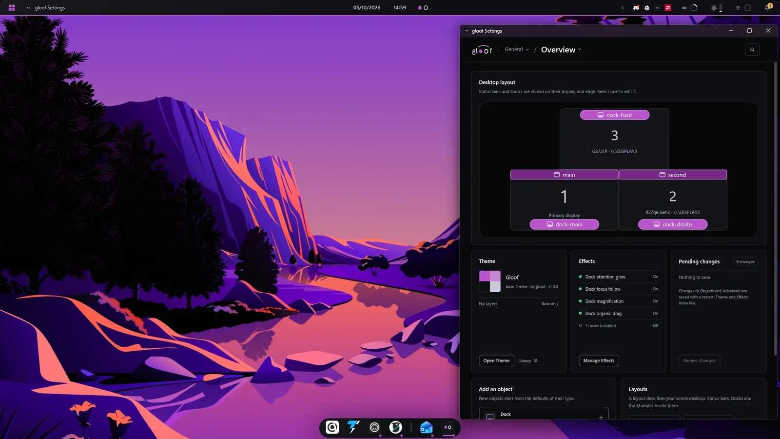 A Windows desktop running gloof with its purple theme: a status bar along the top, a dock along the bottom and the gloof Settings window showing the desktop layout, theme and effects.